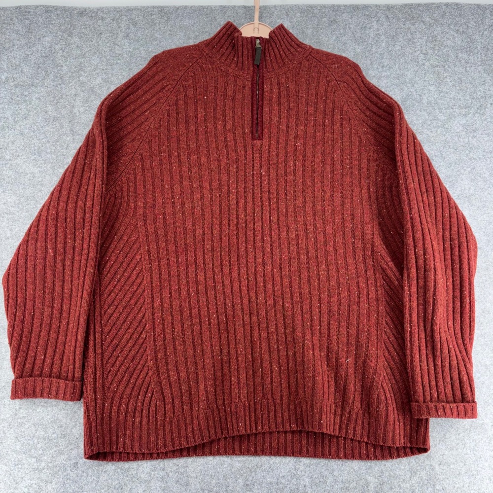 Eddie Bauer Mens XL Rust Red Lambswool Blend Ribbed 1/4 Zip Pullover Sweater